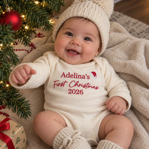 Personalized First Christmas Baby Bodysuit - Embroidered Name with Santa Hat One-Piece, Baby First Xmas Gift