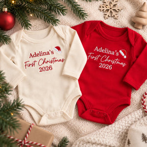Personalized First Christmas Baby Bodysuit - Embroidered Name with Santa Hat One-Piece, Baby First Xmas Gift