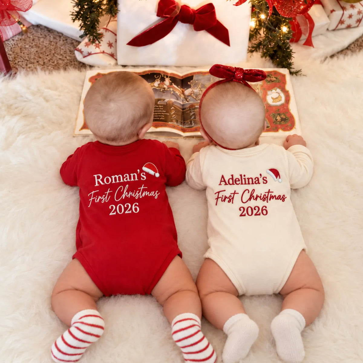 Personalized First Christmas Baby Bodysuit - Embroidered Name with Santa Hat One-Piece, Baby First Xmas Gift