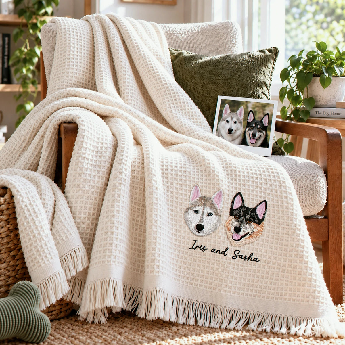 Custom Pet Photo Blanket with Name, Embroidered Dog Portrait Waffle Throw Blanket, Christmas Gift for Dog Mom