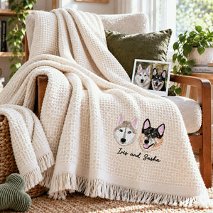 Custom Pet Photo Blanket with Name, Embroidered Dog Portrait Waffle Throw Blanket, Christmas Gift for Dog Mom