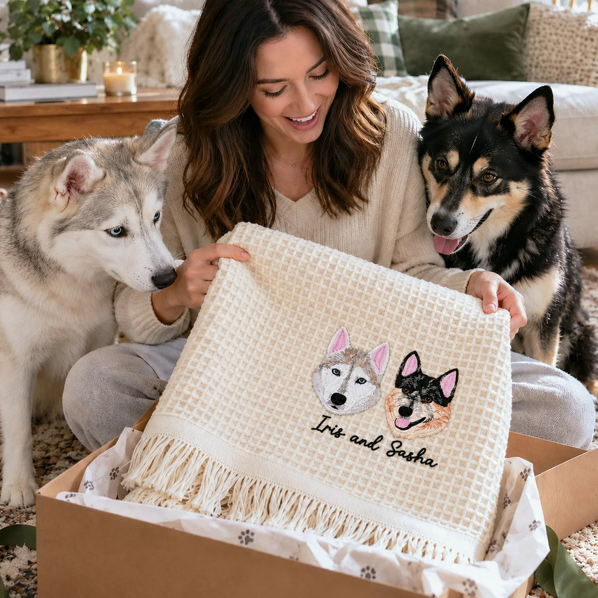 Custom Pet Photo Blanket with Name, Embroidered Dog Portrait Waffle Throw Blanket, Christmas Gift for Dog Mom