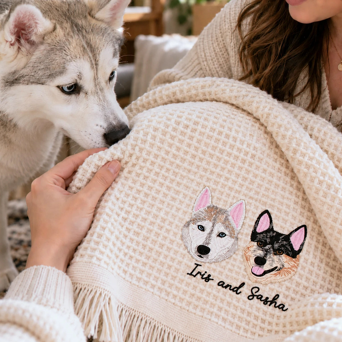 Custom Pet Photo Blanket with Name, Embroidered Dog Portrait Waffle Throw Blanket, Christmas Gift for Dog Mom