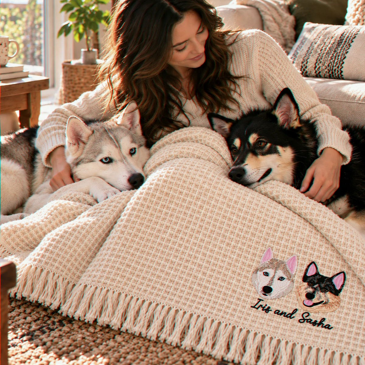 Custom Pet Photo Blanket with Name, Embroidered Dog Portrait Waffle Throw Blanket, Christmas Gift for Dog Mom