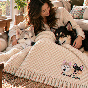 Custom Pet Photo Blanket with Name, Embroidered Dog Portrait Waffle Throw Blanket, Christmas Gift for Dog Mom