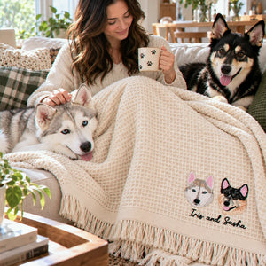 Custom Pet Photo Blanket with Name, Embroidered Dog Portrait Waffle Throw Blanket, Christmas Gift for Dog Mom