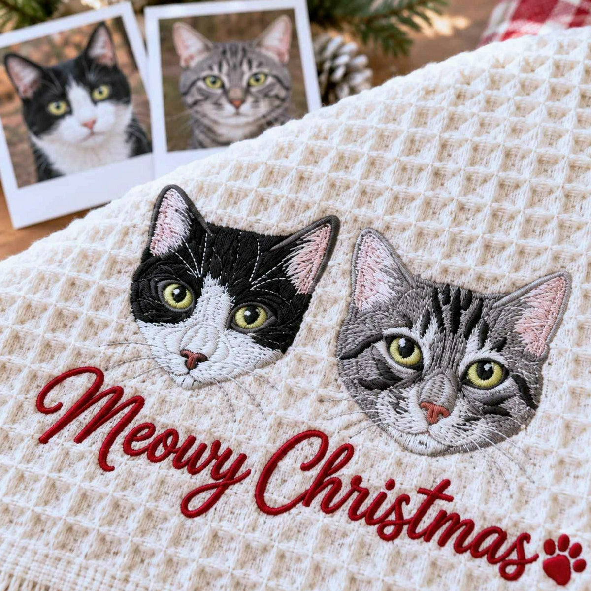 Custom Cat Portrait Waffle Blanket, Embroidered Throw Blanket with Pet Photo, Christmas Gift for Cat Lover