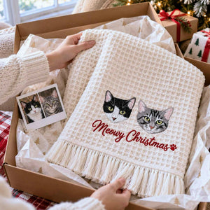 Custom Cat Portrait Waffle Blanket, Embroidered Throw Blanket with Pet Photo, Christmas Gift for Cat Lover