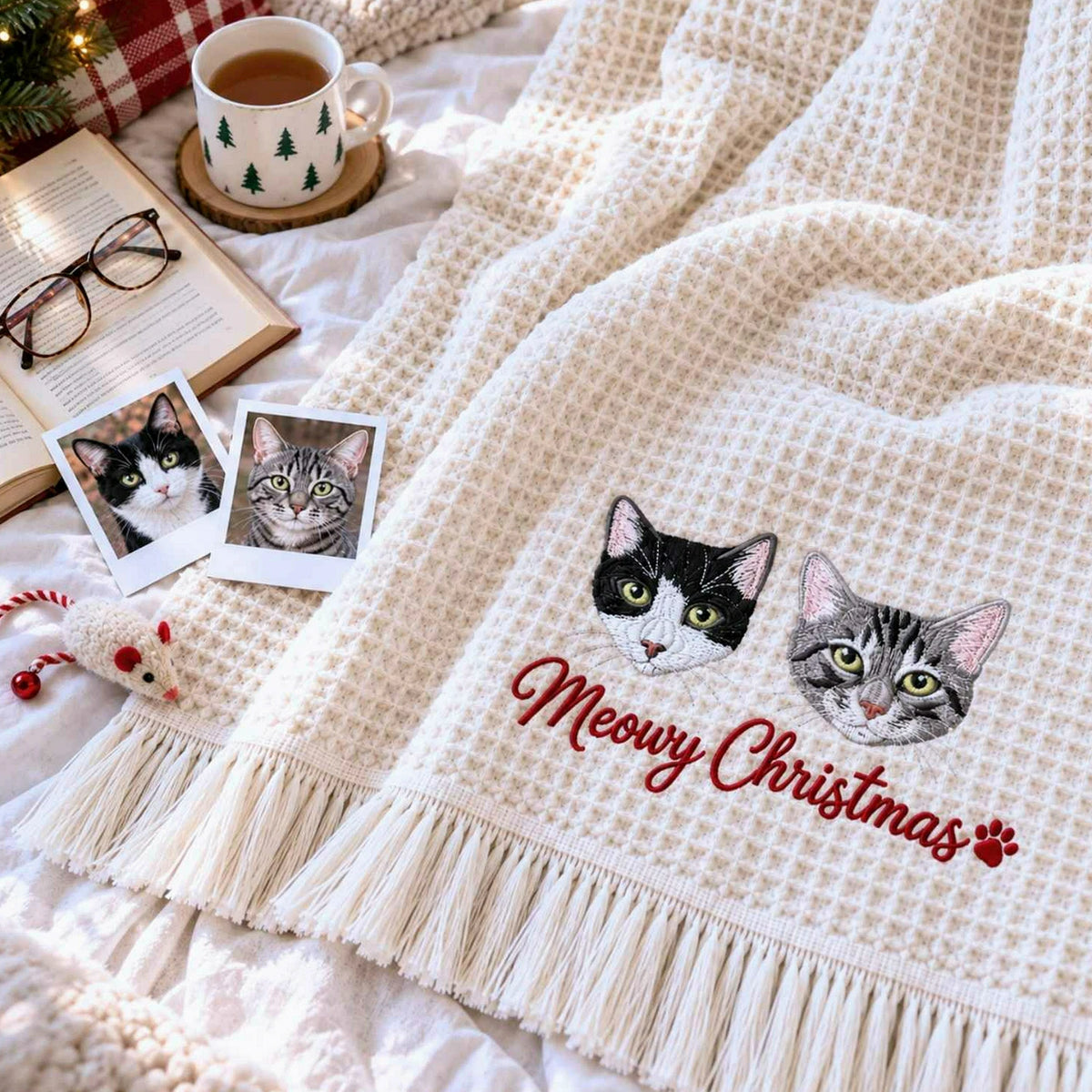 Custom Cat Portrait Waffle Blanket, Embroidered Throw Blanket with Pet Photo, Christmas Gift for Cat Lover