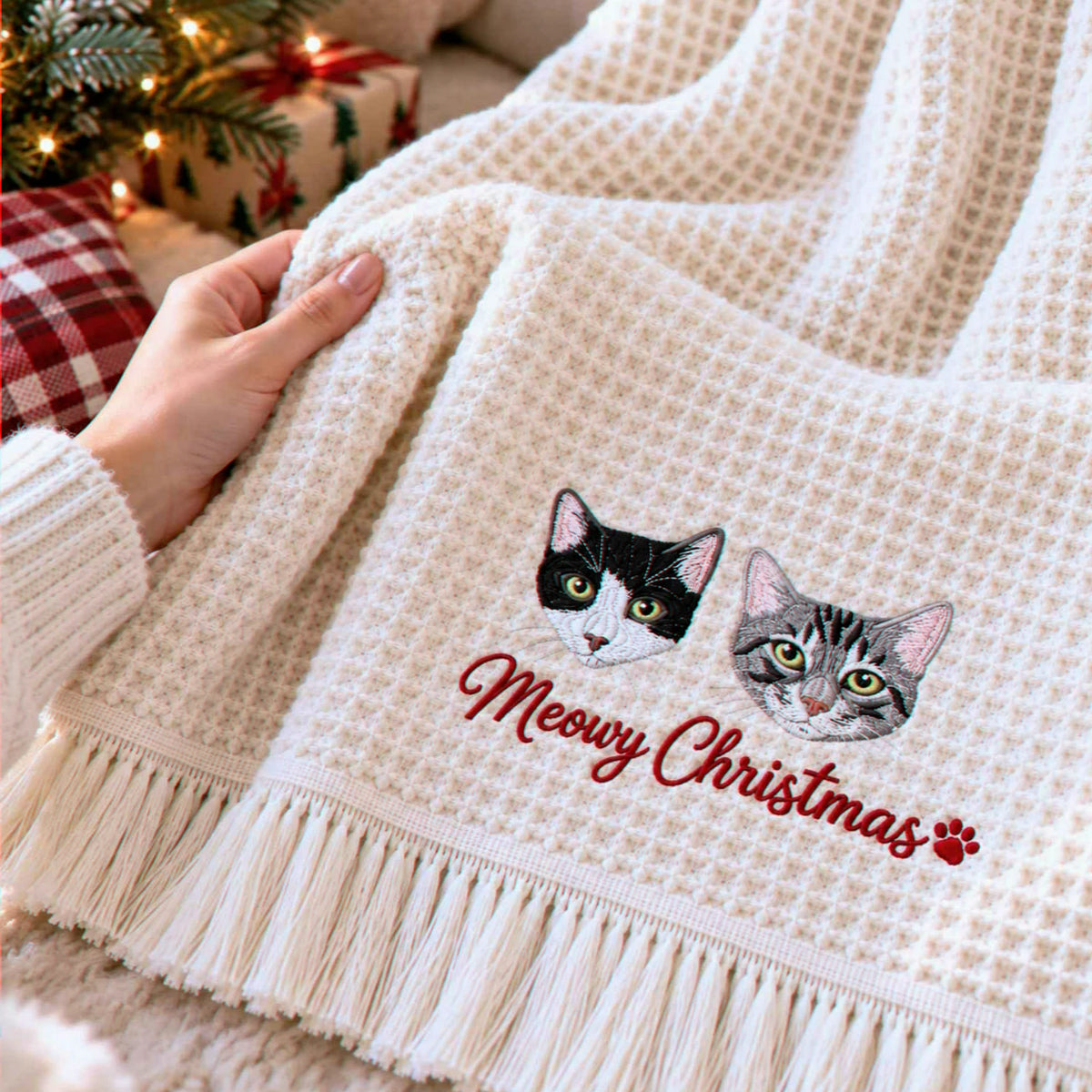 Custom Cat Portrait Waffle Blanket, Embroidered Throw Blanket with Pet Photo, Christmas Gift for Cat Lover