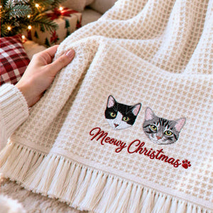 Custom Cat Portrait Waffle Blanket, Embroidered Throw Blanket with Pet Photo, Christmas Gift for Cat Lover