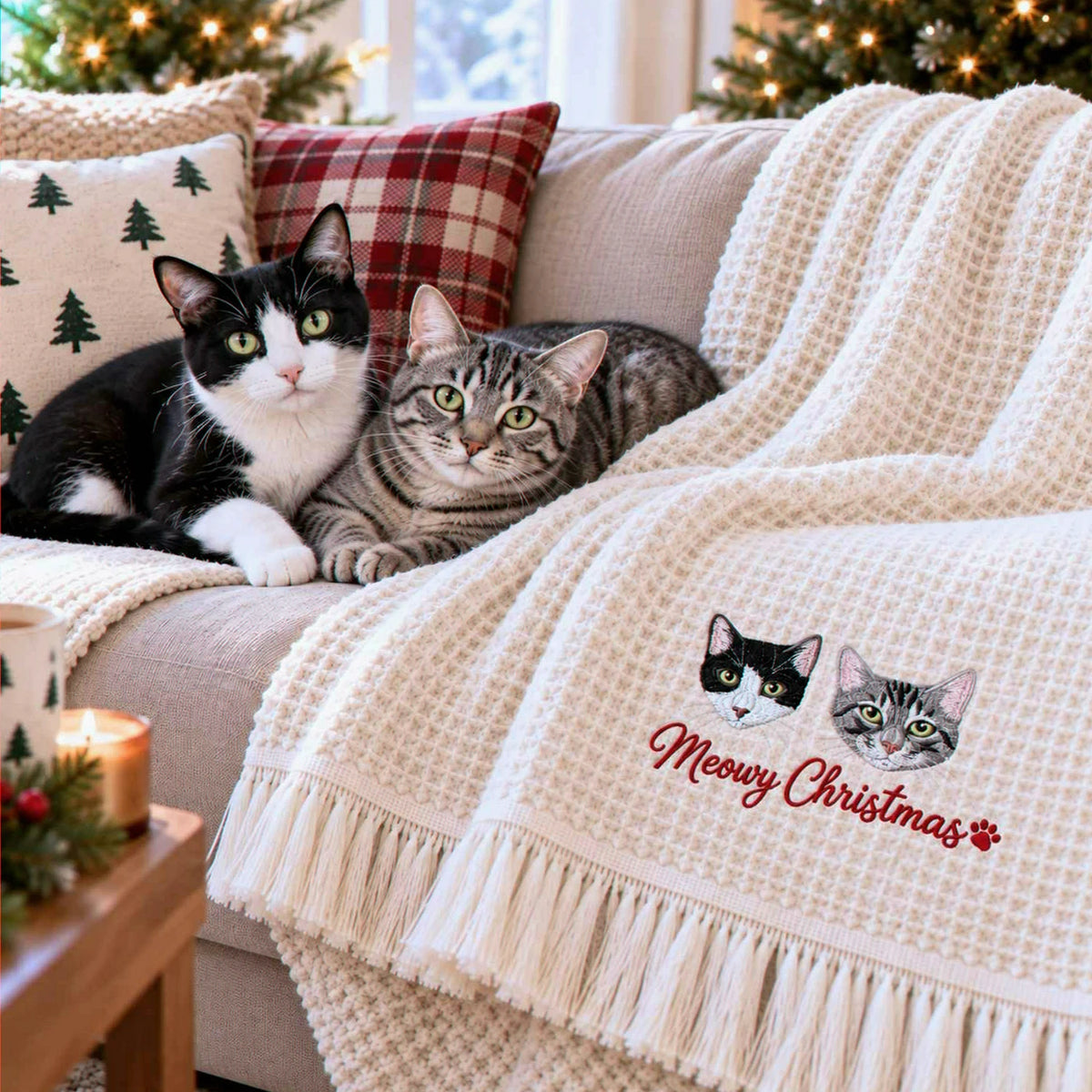 Custom Cat Portrait Waffle Blanket, Embroidered Throw Blanket with Pet Photo, Christmas Gift for Cat Lover