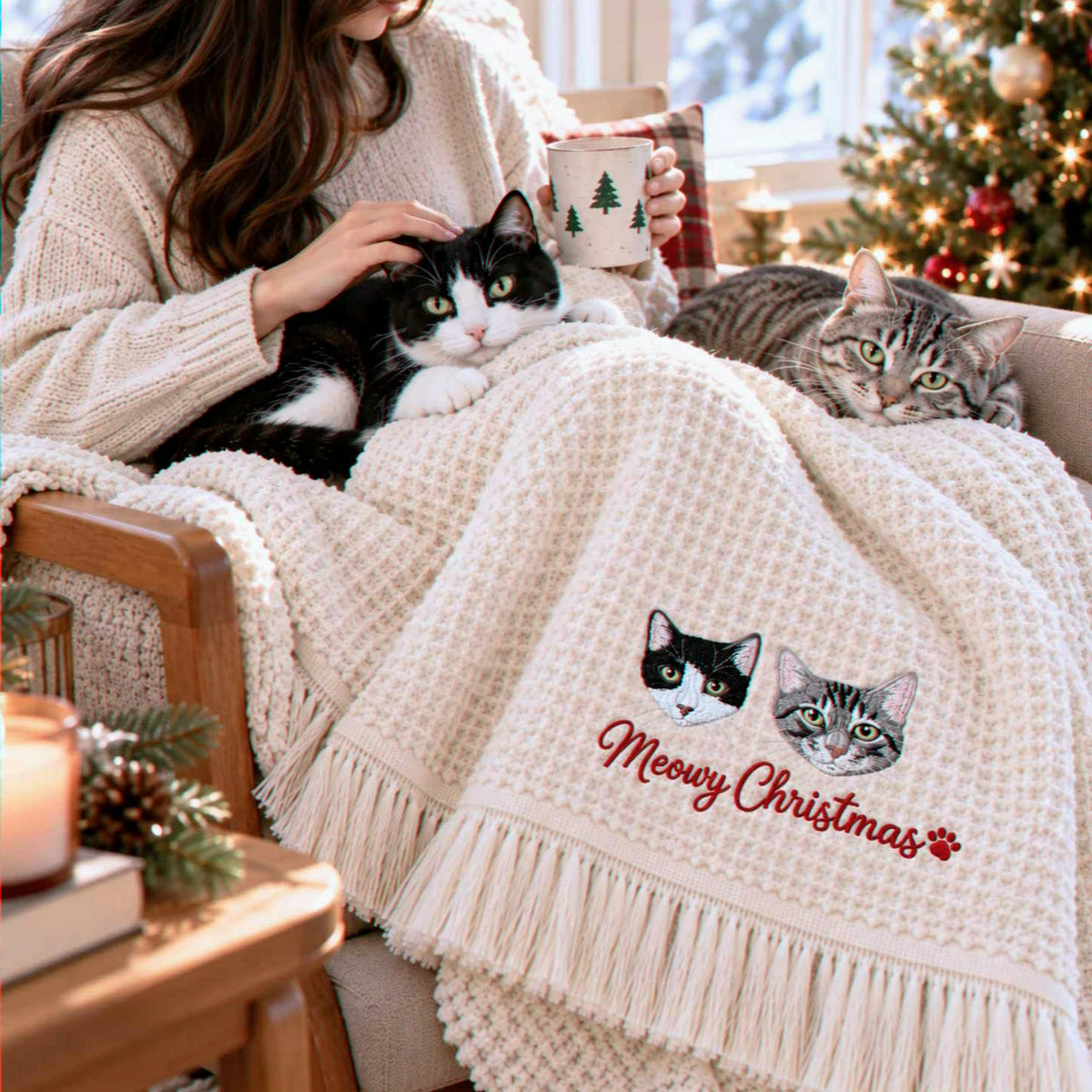 Custom Cat Portrait Waffle Blanket, Embroidered Throw Blanket with Pet Photo, Christmas Gift for Cat Lover