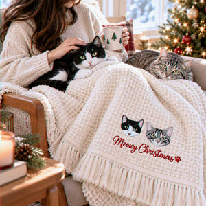 Custom Cat Portrait Waffle Blanket, Embroidered Throw Blanket with Pet Photo, Christmas Gift for Cat Lover