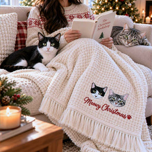 Custom Cat Portrait Waffle Blanket, Embroidered Throw Blanket with Pet Photo, Christmas Gift for Cat Lover