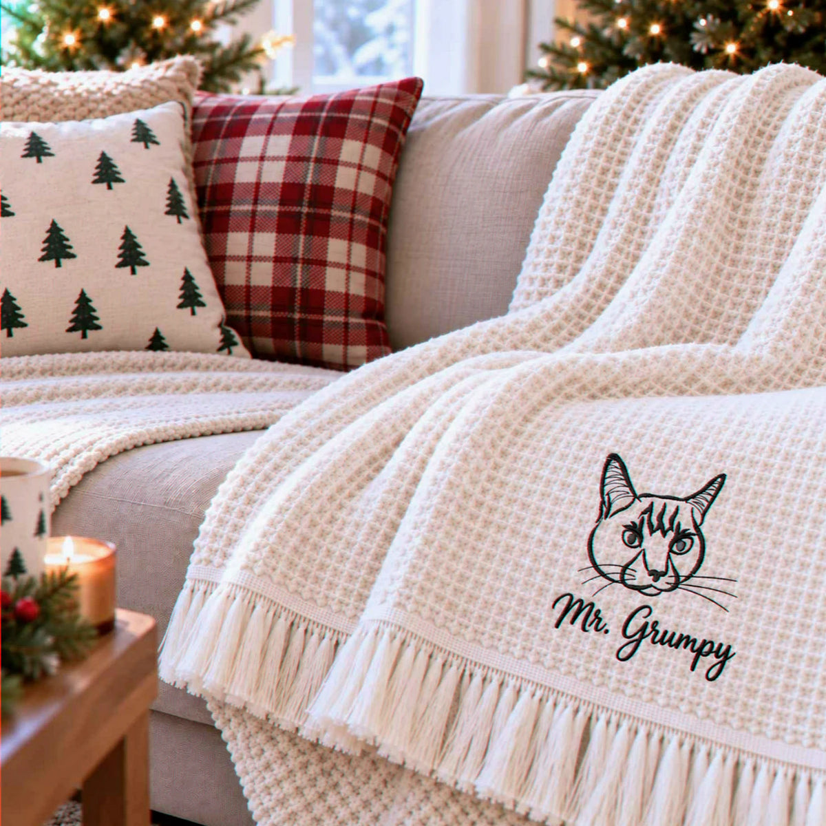 Custom Cat Portrait Waffle Blanket, Embroidered Throw Blanket with Pet Photo, Christmas Gift for Cat Lover