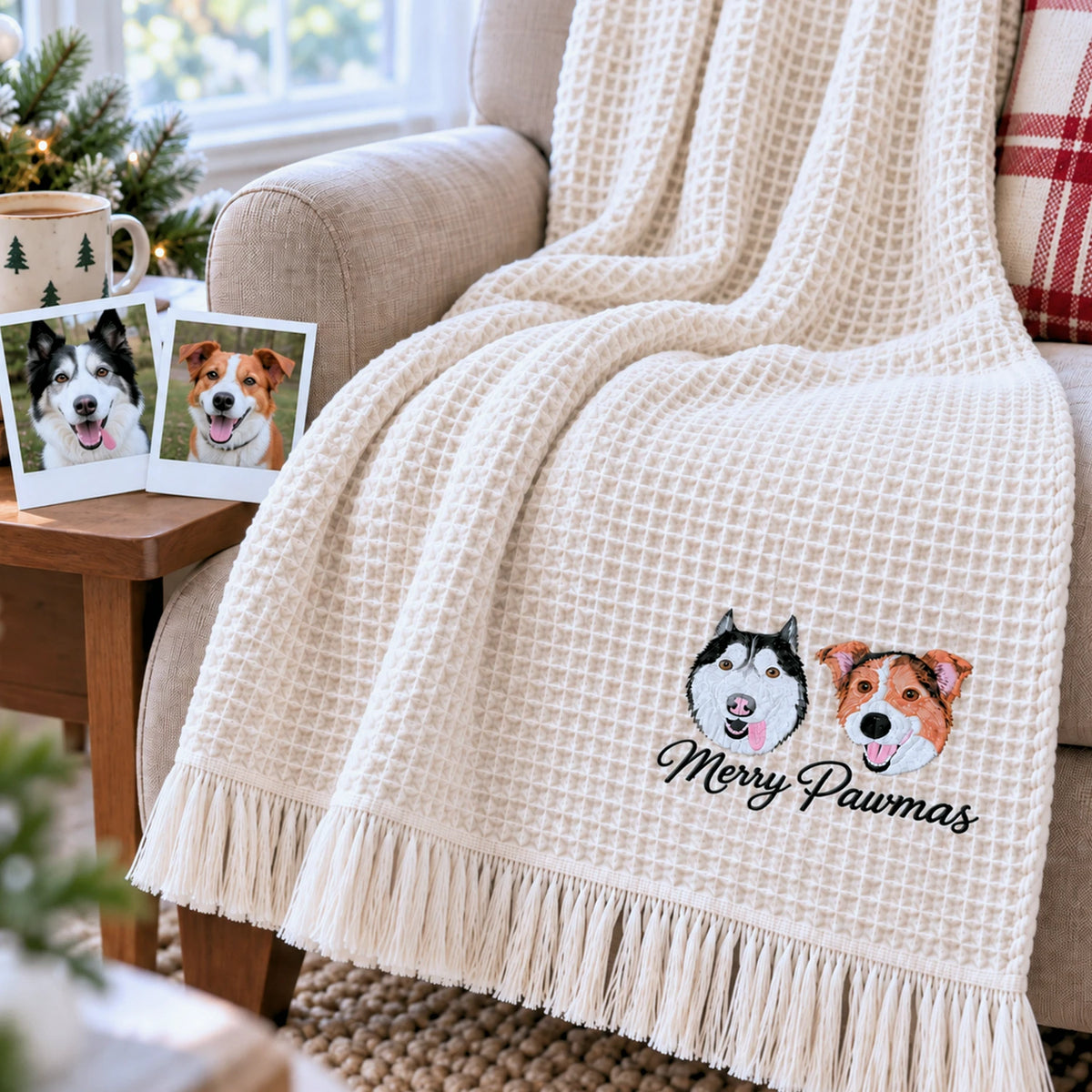 Custom Dog Portrait Waffle Blanket, Embroidered Throw Blanket with Pet Photo, Christmas Gift for Dog Lover