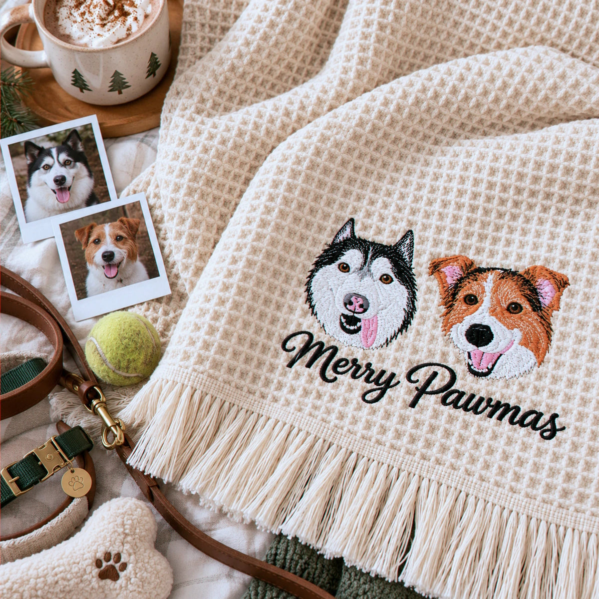 Custom Dog Portrait Waffle Blanket, Embroidered Throw Blanket with Pet Photo, Christmas Gift for Dog Lover