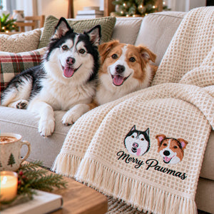 Custom Dog Portrait Waffle Blanket, Embroidered Throw Blanket with Pet Photo, Christmas Gift for Dog Lover