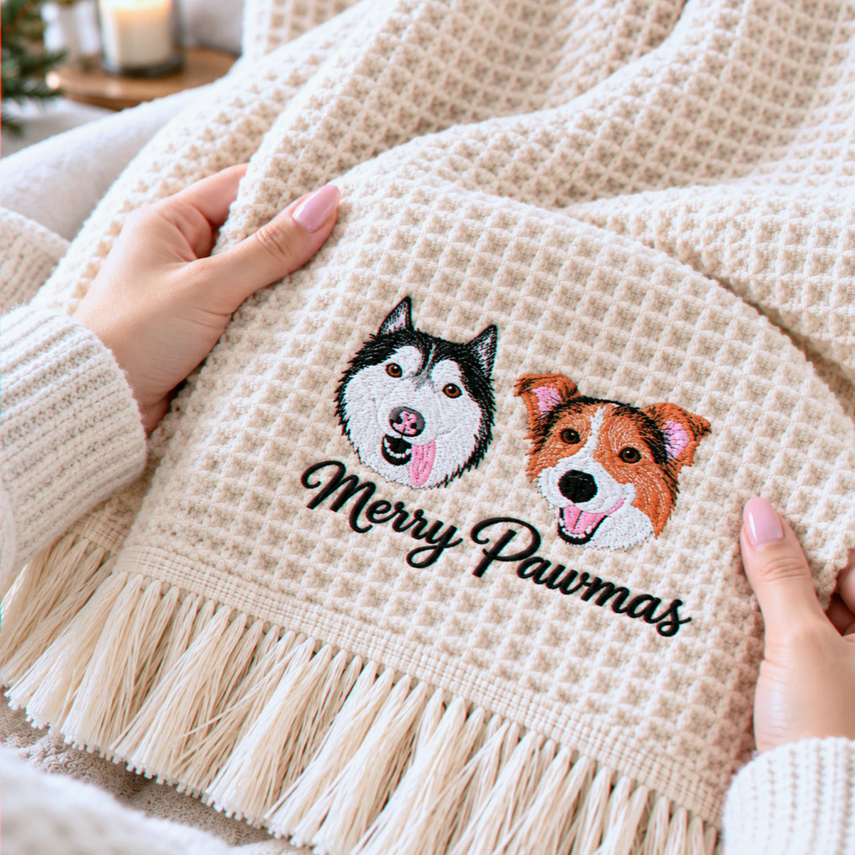 Custom Dog Portrait Waffle Blanket, Embroidered Throw Blanket with Pet Photo, Christmas Gift for Dog Lover