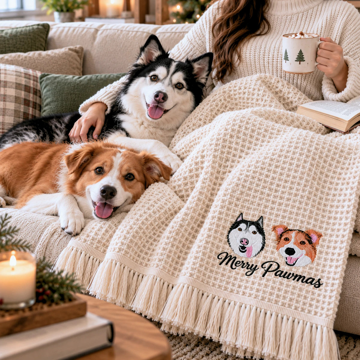 Custom Dog Portrait Waffle Blanket, Embroidered Throw Blanket with Pet Photo, Christmas Gift for Dog Lover