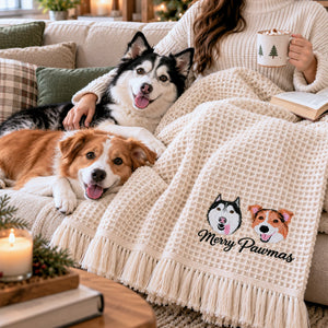 Custom Dog Portrait Waffle Blanket, Embroidered Throw Blanket with Pet Photo, Christmas Gift for Dog Lover