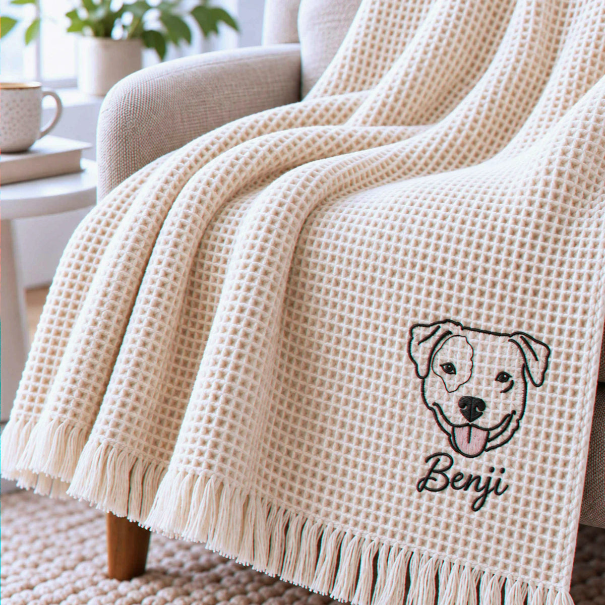 Custom Dog Portrait Waffle Blanket, Embroidered Throw Blanket with Pet Photo, Christmas Gift for Dog Lover