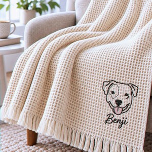Custom Dog Portrait Waffle Blanket, Embroidered Throw Blanket with Pet Photo, Christmas Gift for Dog Lover