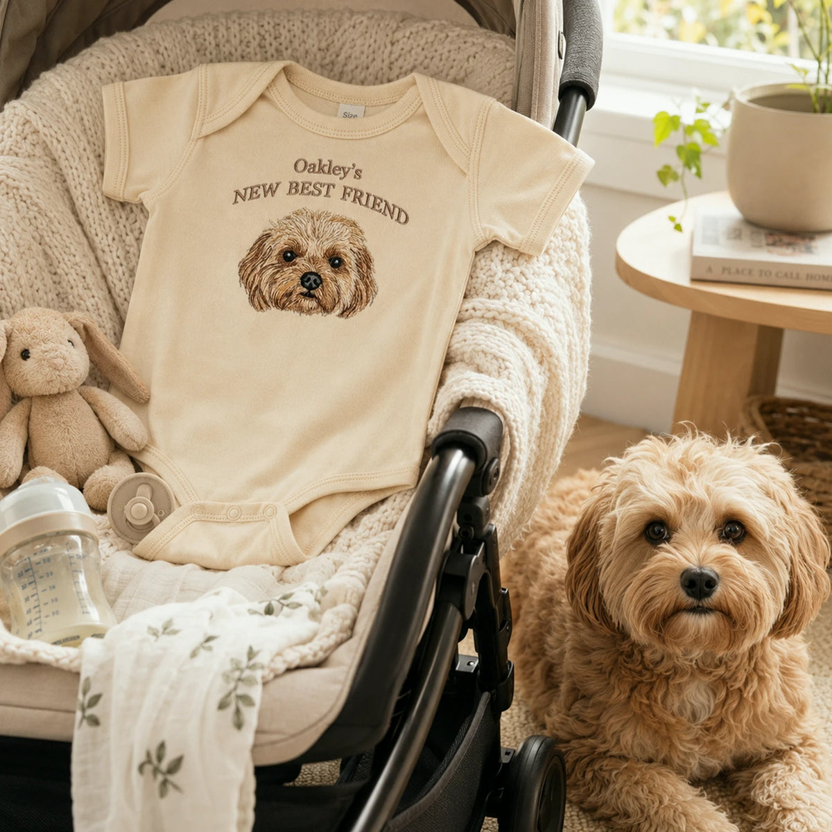 Custom Pet Photo Baby Bodysuit - Embroidered Dog Portrait & Kid Name - New Best Friend Baby Shower Gift