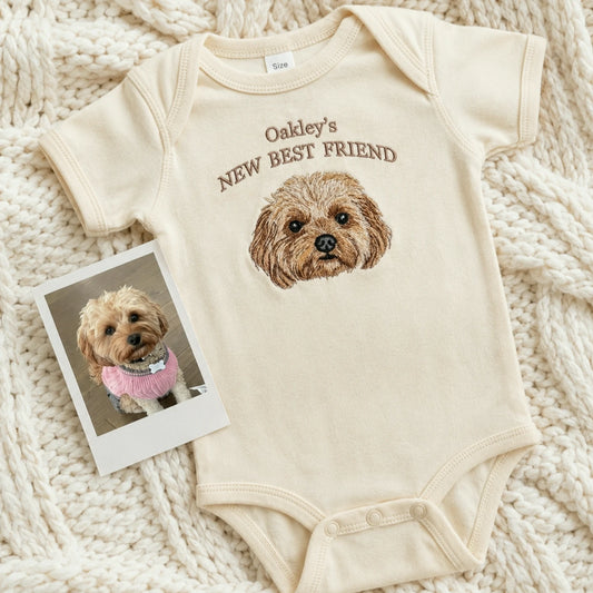 Custom Pet Photo Baby Bodysuit - Embroidered Dog Portrait & Kid Name - New Best Friend Baby Shower Gift