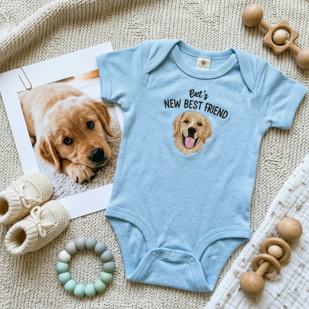 Custom Pet Photo Baby Bodysuit - Embroidered Dog Portrait & Kid Name - New Best Friend Baby Shower Gift