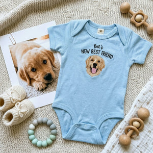 Custom Pet Photo Baby Bodysuit - Embroidered Dog Portrait & Kid Name - New Best Friend Baby Shower Gift