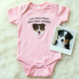 Custom Pet Photo Baby Bodysuit - Embroidered Dog Portrait & Kid Name - New Best Friend Baby Shower Gift