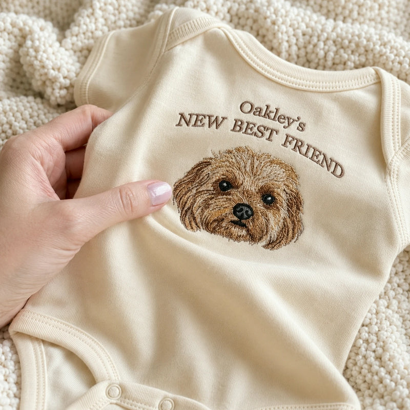 Custom Pet Photo Baby Bodysuit - Embroidered Dog Portrait & Kid Name - New Best Friend Baby Shower Gift