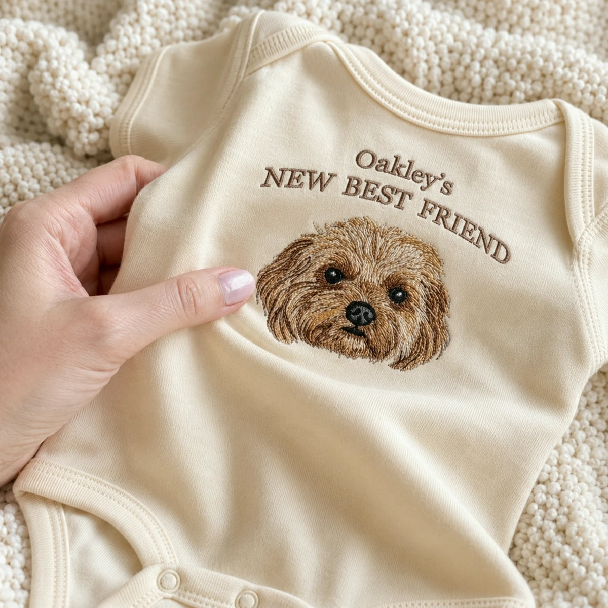 Custom Pet Photo Baby Bodysuit - Embroidered Dog Portrait & Kid Name - New Best Friend Baby Shower Gift
