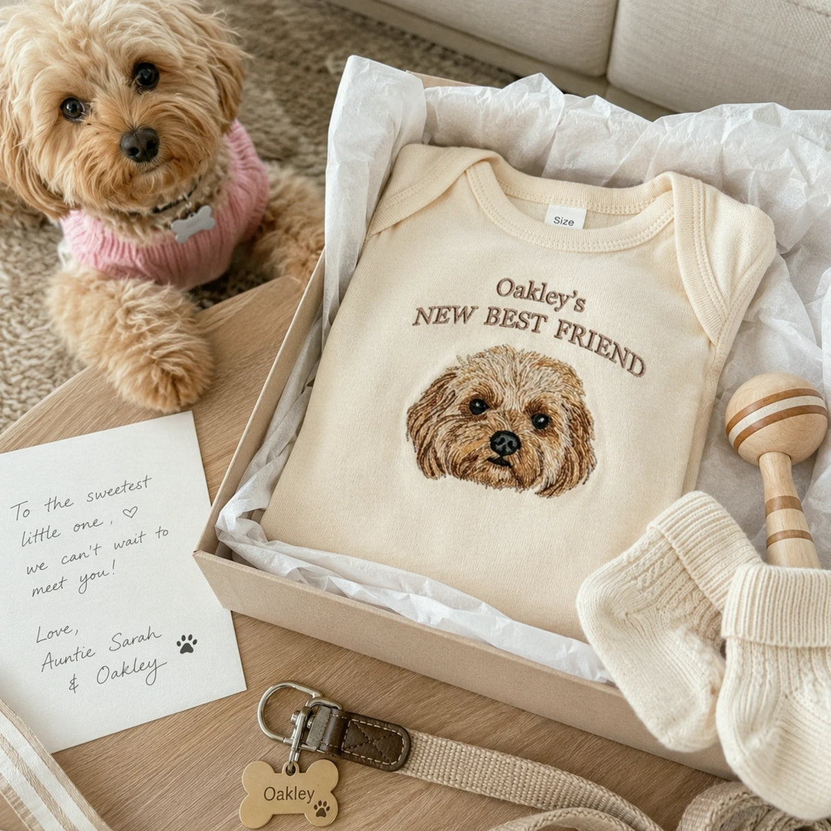 Custom Pet Photo Baby Bodysuit - Embroidered Dog Portrait & Kid Name - New Best Friend Baby Shower Gift