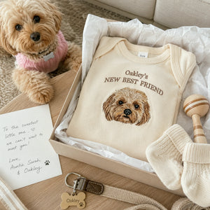 Custom Pet Photo Baby Bodysuit - Embroidered Dog Portrait & Kid Name - New Best Friend Baby Shower Gift