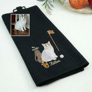 Custom Pet Photo Golf Towel - Embroidered Pet Portrait Towels with Dog Cat Face, Gift for Golf Lover