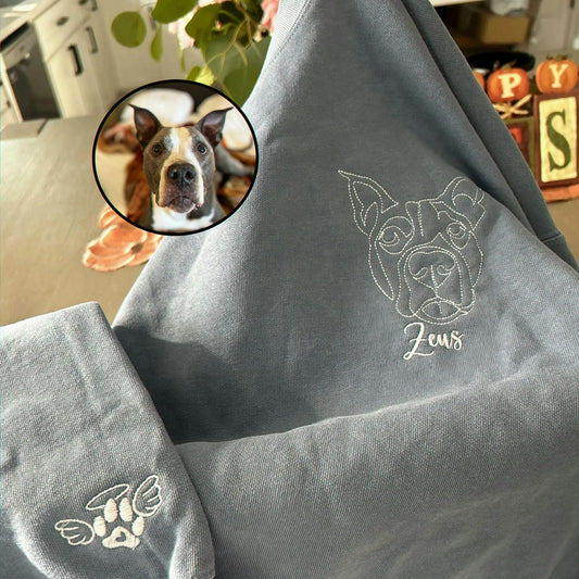 Grey sweatshirt embroidered from a favorite pet photo with their name for birthdays, holidays, memorial gifts, or everyday memories