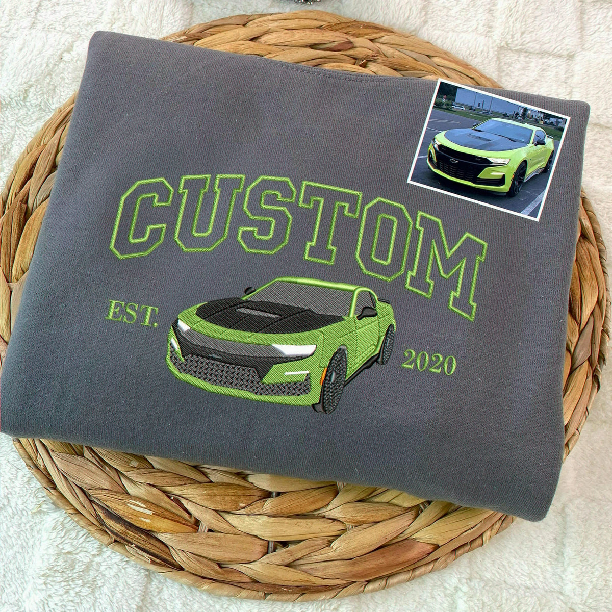 Custom Embroidered EST Car from Photo Sweatshirt, Gift for Petrolheads