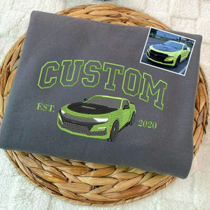 Custom Embroidered EST Car from Photo Sweatshirt, Gift for Petrolheads