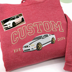 Custom Embroidered EST Car from Photo Sweatshirt, Gift for Petrolheads