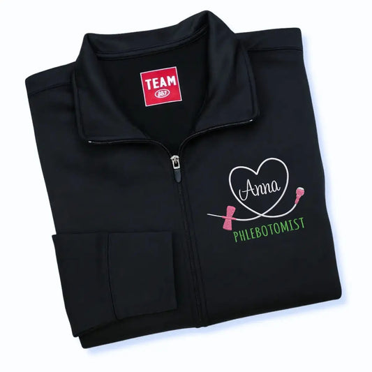 Custom embroidered phlebotomist jacket with name and professional title
