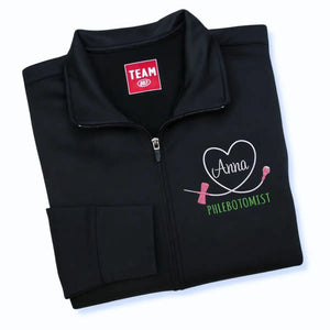 Custom embroidered phlebotomist jacket with name and professional title
