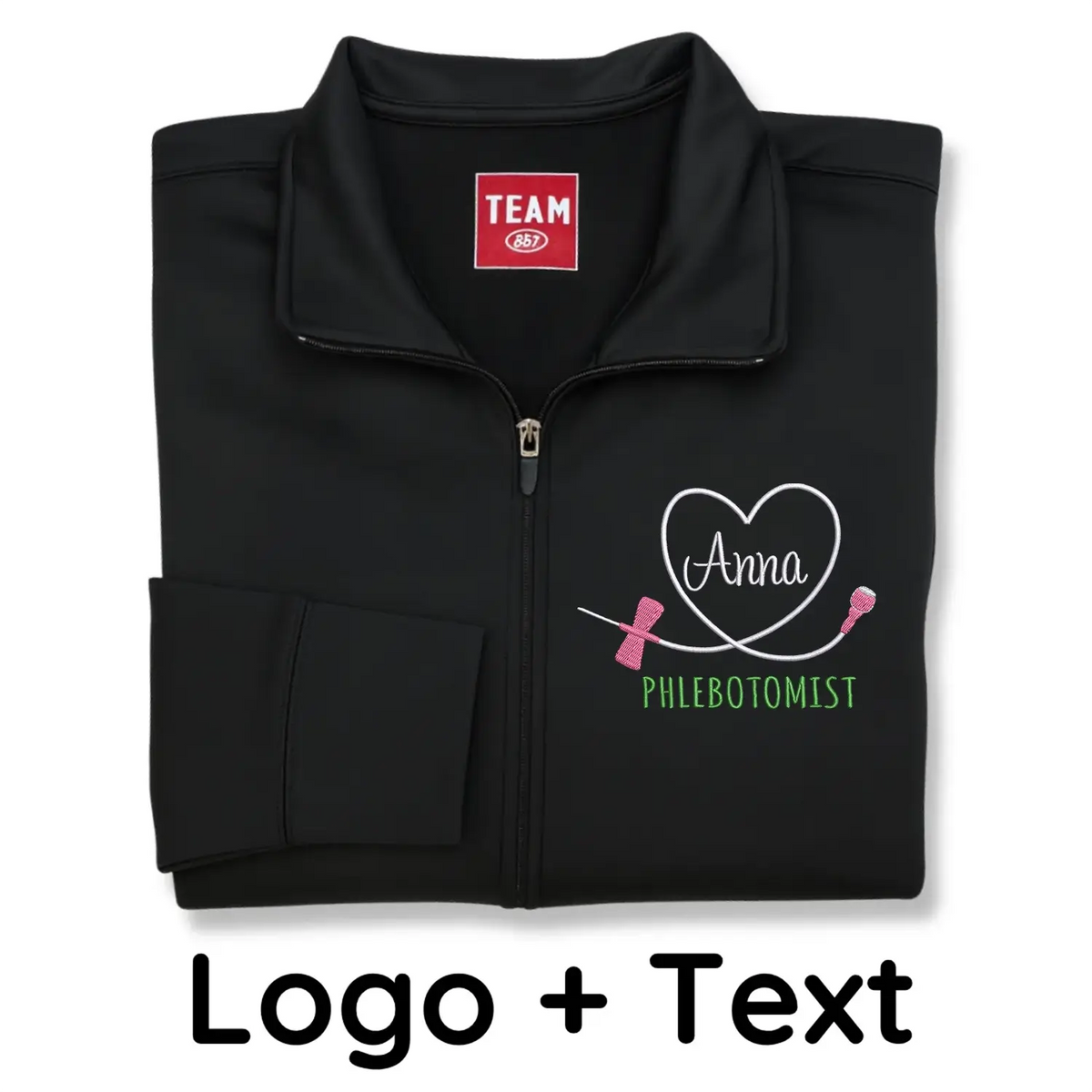 Custom embroidered phlebotomist jacket with name and professional title