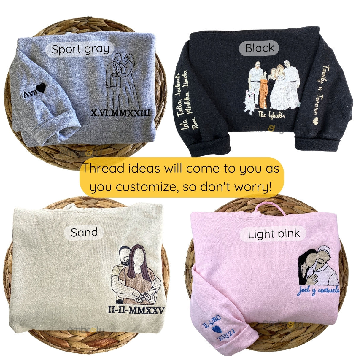 Custom Embroidered Photo Portrait Couple Hoodie or Sweatshirt, Persona ...