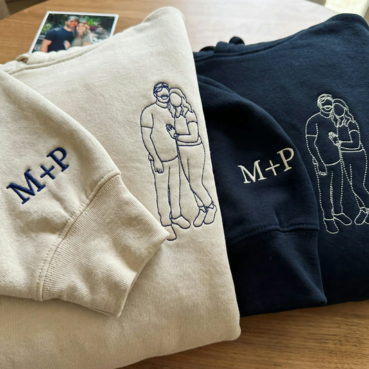 Couples First Christmas Gifts - Personalized Couple Photo Portrait Hoodie Crewneck Embroidered