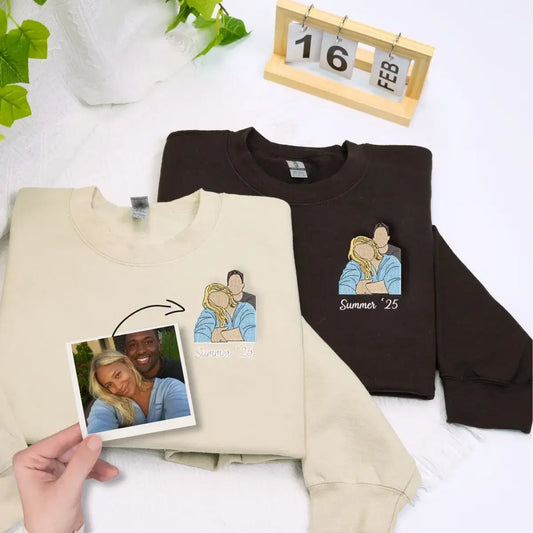 Embroidered couple photo hoodies personalized from real picture, anniversary gift for son and girlfriend from parents