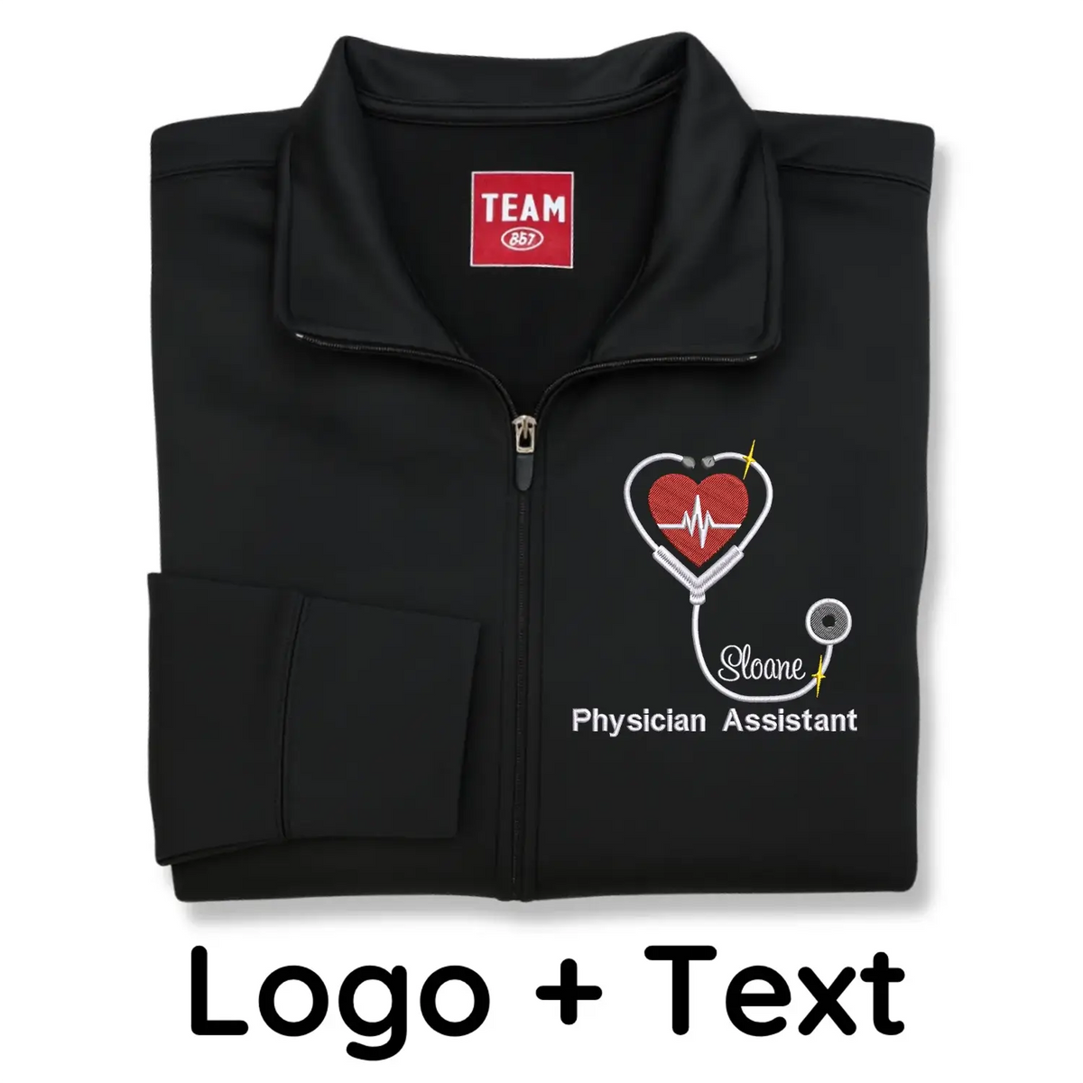 Custom embroidered physician assistant jacket with name and PA-C title
