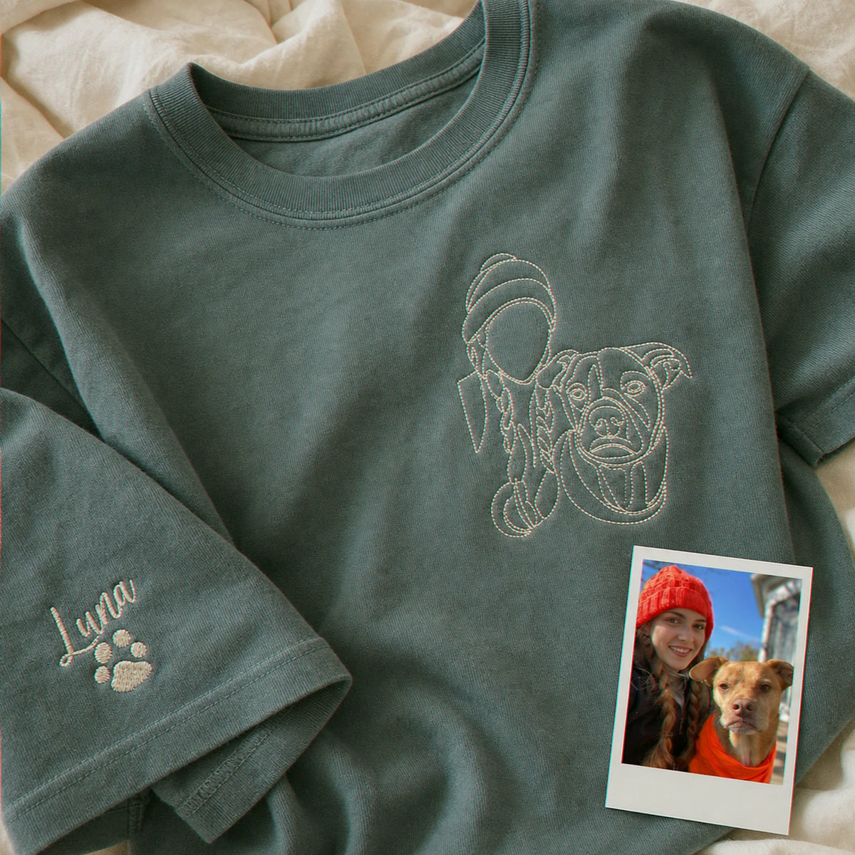 Custom Pitbull Outline T-Shirt - Minimalist Embroidered Pet Photo Line Art Tee & Name for Dog Parent